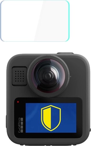 Zdjęcie kamery GoPro MAX2 a nad nim szkła hartowane